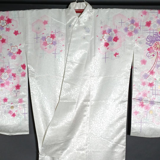 Used Japanese Kimono Koburisode 2-shaku Sode Shiny White with Sakura Cherry Blossoms Tall Size Washable Polyester for Graduation & Events