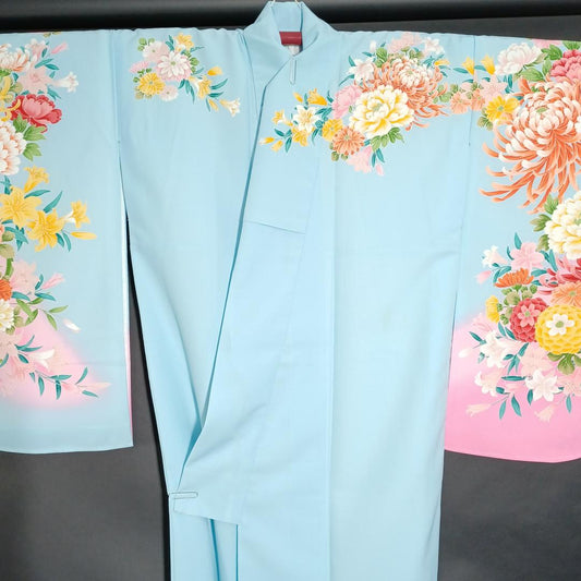 Used Japanese Kimono Koburisode 2-shaku Sode for Hakama Light Blue with Floral Pattern Washable Polyester Graduation Dress & Made in Japan