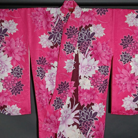 Used Japanese Kimono Koburisode 2-shaku Sode for Hakama Soft Red with Floral Pattern Washable Polyester Graduation Dress & Made in Japan