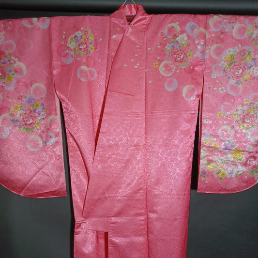 Used Japanese Kimono Koburisode 2-shaku Sode Shiny Pink with Floral & Soap Bubbles Pattern Tall Size Washable Polyester Graduation Dress
