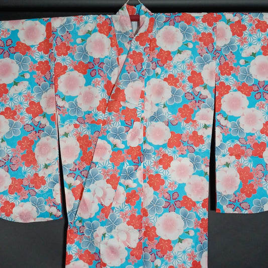 Used Japanese Kimono Koburisode 2-shaku Sode Light Blue with Floral Pattern Tall Size Washable Polyester for Graduation & Special Events