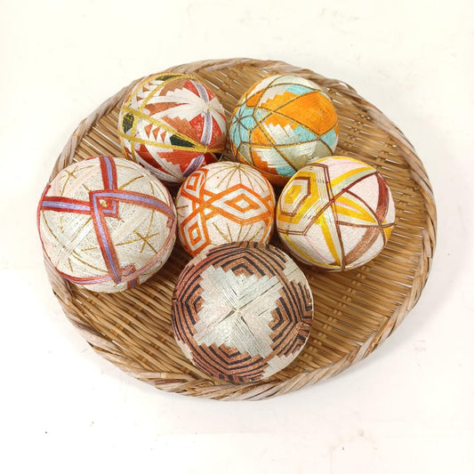 Used Japanese Temari Ball Lot of 6 Silk Embroidery Handcrafted Traditional Ornament Geometric Fiber Art Boho Home Decor Zen Display Gift