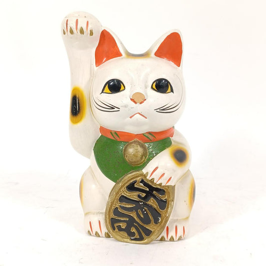 Used Vintage Japanese Maneki Neko Lucky Cat Figurine Ceramic Beckoning Cat for Good Luck and Harmony Tokoname Style Hand Painted Decor