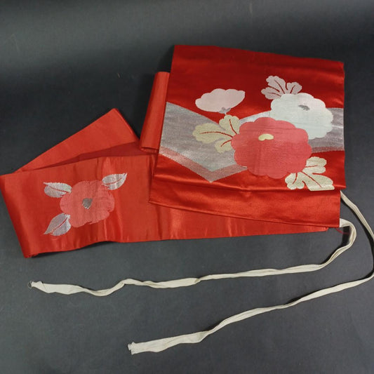 Used Tsukuri-obi Japanese Silk Belt Red Peony Pattern Pre-tied Traditional Kimono Accessory Authentic Vintage Clothing Easy Wear Obi Sash
