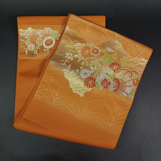 Used Fukuro Obi Japanese Belt Light Orange Floral Pattern Pre-owned Traditional Kimono Accessory Synthetic Fiber Decorative Sash Elegant
