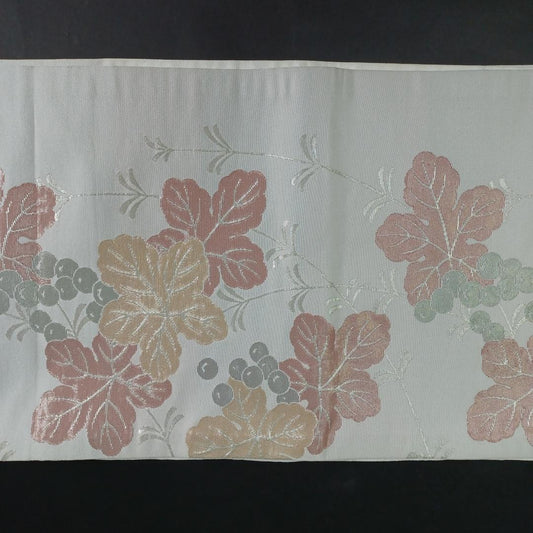 Used Fukuro Obi Japanese Silk Belt Pale White Elegant Grape Pattern Traditional Kimono Accessory Authentic Vintage Clothing Formal Obi Sash