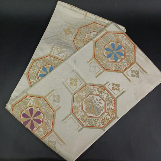 Used Fukuro Obi Japanese Silk Belt Pale White Geometric Pattern Traditional Kimono Accessory Authentic Vintage Formal Sash Decorative