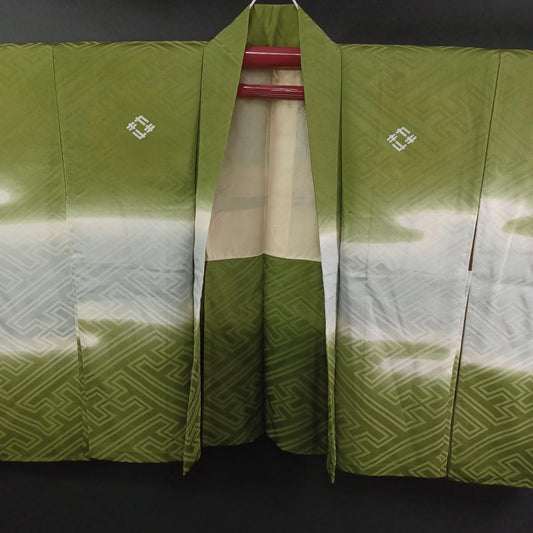 Used Matcha Green Silk Haori Jacket Japanese Women Vintage Short Kimono Sayagata