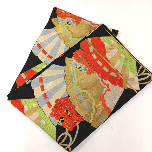 Used Japanese Fukuro Obi Silk Kimono Belt Black Gold Fan Pattern Traditional Formal Wear Waist Accessory For Kimono Costume Dress
