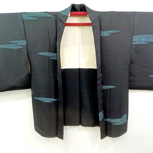 Used Vintage Japanese Kimono Haori Jacket Black Silk Blue Cloud Pattern Traditional Women Clothing Authentic Kimono Style Minimalist