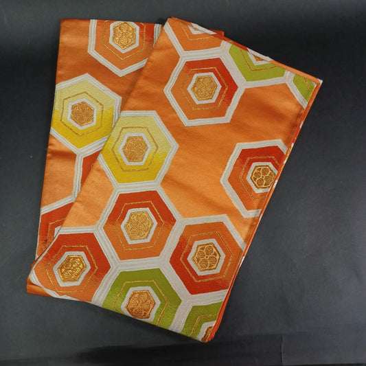 Used Fukuro Obi Japanese Silk Belt Orange Kikkou Pattern Traditional Kimono Accessory Authentic Vintage Clothing Formal Sash Decorative