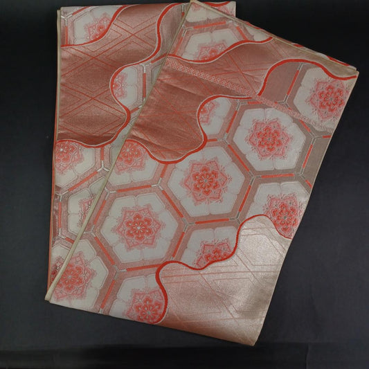 Used Fukuro Obi Japanese Silk Belt Pink Gold Geometric Pattern Traditional Kimono Accessory Authentic Vintage Formal Sash Decorative