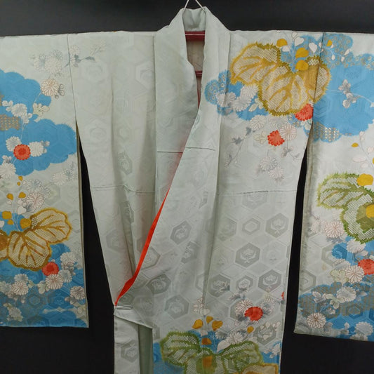 Used Furisode Japanese Kimono Silk Traditional Robe Light Blue Floral Pattern Formal Wear Long Sleeves Authentic Vintage Women
