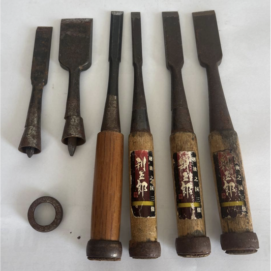 Used Vintage Japanese Chisel Nomi Set Junk Lot for Restore Woodworking Hand Tools 4 Chisels 2 Spare Blades 1 Katsura Ferrules DIY Project