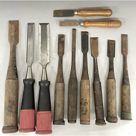 Used Bulk Set of 11 Vintage Japanese Chisel Nomi Signed Mixed Lot for Restoration Woodworking Carpentry Tools High Carbon Steel DIY Project