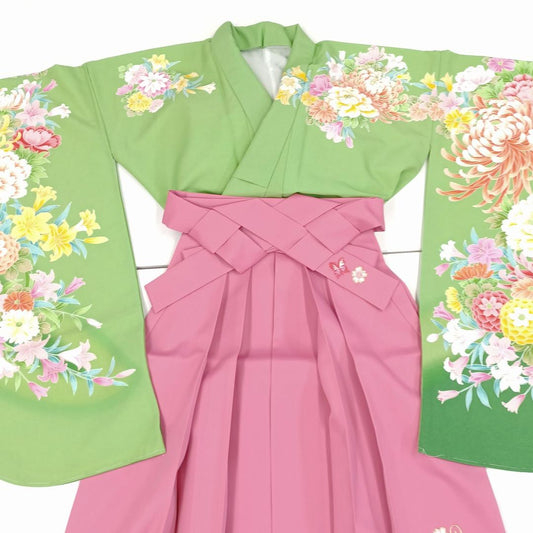 Used Japanese Kimono Hakama Set for Graduation Ceremonies, Green Floral Pattern & Pink Hakama, Washable Polyester, Vintage Rental Shop