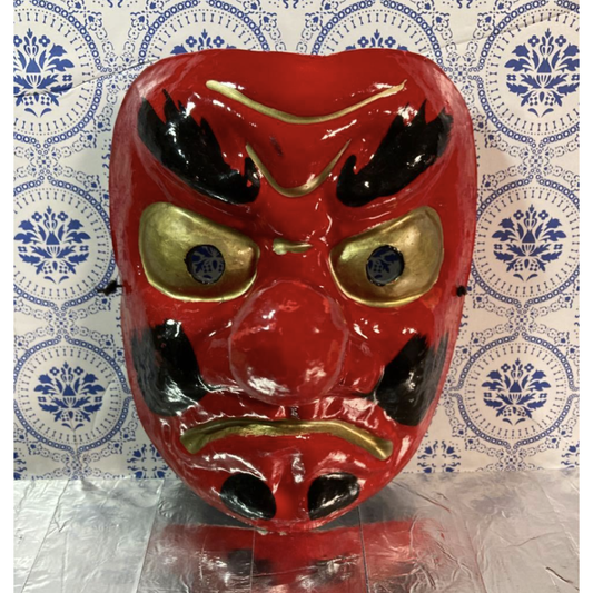 Used Japanese Tengu Mask Vintage Washi Paper Mache Red Long Nose Mask 1990s Traditional Folklore Wall Decor Hand-Painted Shinto Art Japan