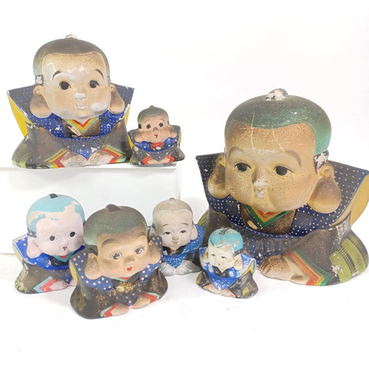 Used Vintage Japanese Fukusuke Doll Ceramic Figurine Lot 5pc Shinto Lucky Charm Coin Bank Ofuku Statue Showa Retro Pottery Mascot Ornament