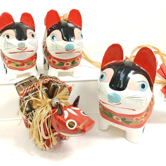 Used Japanese Folk Toy Set Akabeko Red Bull & 3 Inu Hariko Lucky Dog Figurines Showa Era Vintage Home Decor Paper Mache Art 4pc