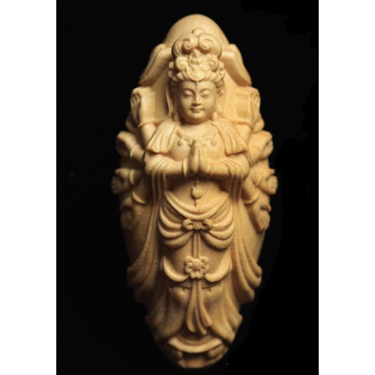 Used Vintage Japanese Netsuke Boxwood Hand Carved Thousand Armed Kannon Buddha Statue Miniature Wood Carving Sculpture Kimono Accessory