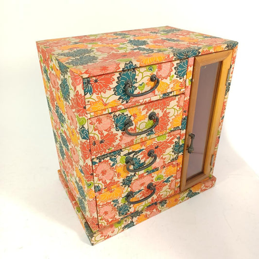 Used Vintage Japanese Chiyogami Paper 4-Tier Drawer Jewelry Box Ken-yu Traditional Decorative Storage Organizer Decorative Storage Chest