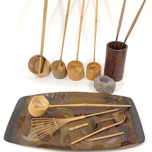 Used Vintage Japanese Hishaku Bamboo Ladle Set Traditional Tea Ceremony Tools Rustic Home Decor Artisan Props