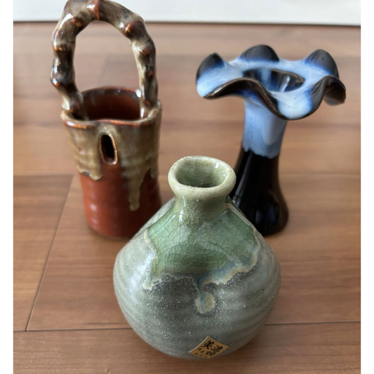 Used Vintage Japanese Mino-yaki Bud Vase Set 3pc Handcrafted Ceramic Ikebana Flower Holder Rustic Wabi-Sabi Home Decor