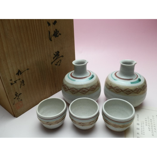 Used National Treasure Tokuda Yasokichi III Masahiko Kutani Ware Sake Set 2 Tokkuri Bottles 3 Ochoko Cups Rare Ceramic With Tomobako