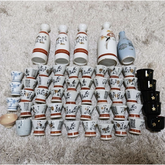 Used Vintage Japanese Sake Set Bulk 49pc Lot Tokkuri Bottle Ochoco Cups Showa Retro Izakaya Barware Ceramic Porcelain Kanji Cherry Blossom