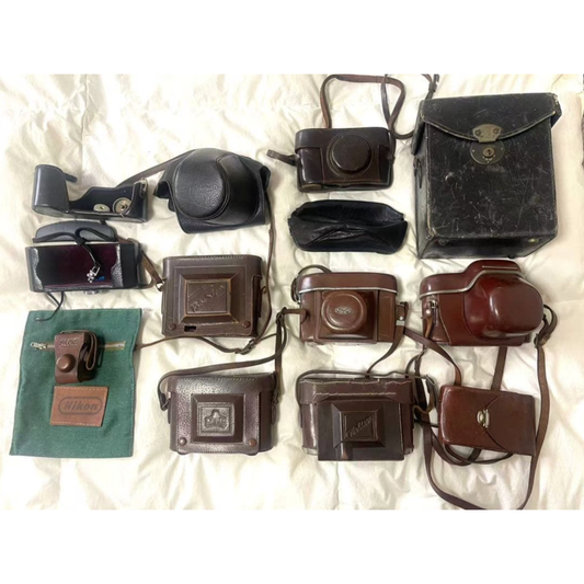 Used Vintage Japanese Leather Camera Case 11pc Lot Nikon Olympus Tokyo Weltur Petri Showa Retro Junk Salvage Steky Display Repair Project