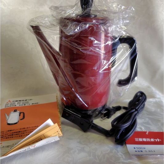 Used Vintage 1980s Mitsubishi Electric Kettle EP-860C Wine Red Showa Retro Japanese Tea Pot Tested with Original Box & Manual Japan
