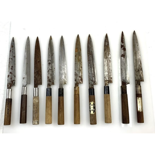 Used Japanese Yanagiba Sashimi Hocho Knife 10pc Set Vintage Traditional Kitchen Knives Lot for Restoration DIY Project Tested & Rust