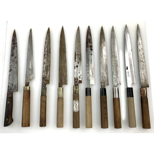 Used Japanese Yanagiba Sashimi Hocho Knife 10pc Set Vintage Traditional Kitchen Knives Lot for Restoration DIY Project Yoshimitsu & More