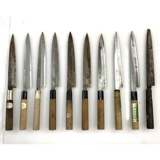 Used Japanese Yanagiba Sashimi Hocho Knife 10pc Set Vintage Traditional Kitchen Knives Lot for Restoration DIY Project Katsuhiro More
