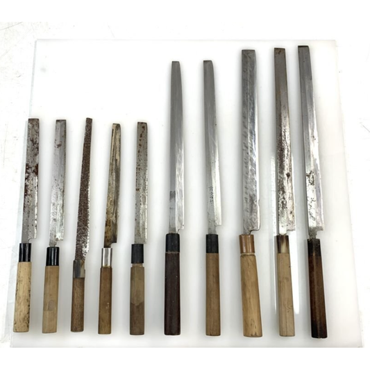 Used Vintage Japanese Yanagiba Takohiki Knife 10pc Bulk Lot Kiya Bunmei Ichinori Rusty Junk Salvage Traditional Kitchen Hocho Repair