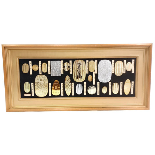 Used Vintage Japanese Oban Koban Coin Replica Display Frame 20 Types Set Samurai Shogun Gold Currency Wall Art Decor Glass Removed