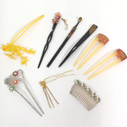 Used Japanese Kanzashi Hair Ornament Lot 9 Pieces Vintage Style Hairpins Kimono Accessories Traditional Hair Styling Tool Set