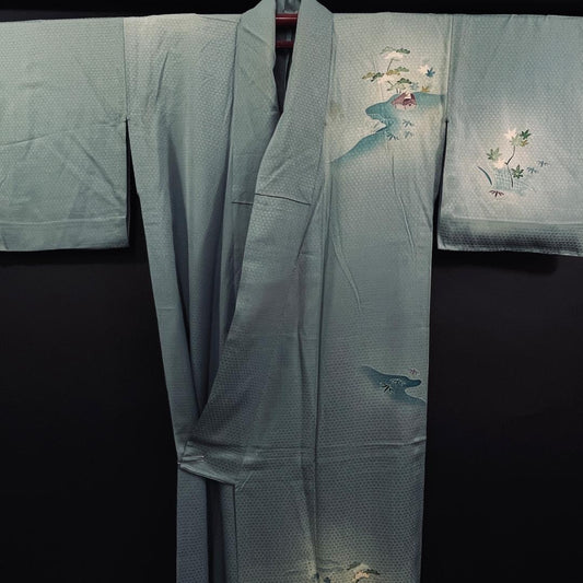 Used Japanese Kimono Light Blue Silk Women Traditional Clothing Apparel