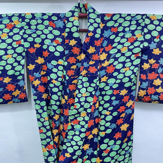 Used Japanese Kimono Navy Silk Women Maple Leaves Traditional Clothing