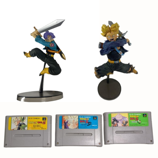 Used Dragon Ball Z Super Butoden 1 2 3 SFC Trilogy & Trunks 2 Figure Set Solid Edge Works Match Makers Super Famicom Japanese Nintendo Bundle