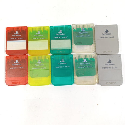 Used Sony Original PS1 Memory Card Lot of 10 Genuine PlayStation 1 Memory Cards 15 Blocks Clear Red Yellow Green Gray Tested and Working