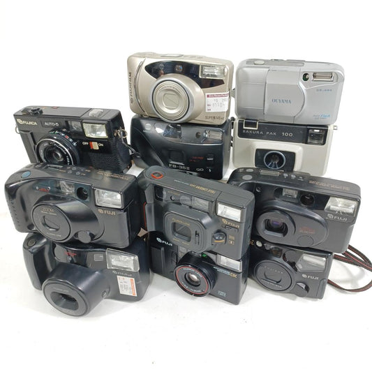 Used Junk Camera Lot 11 Units Fuji Konica Minolta Ouyama for Parts or Repair Not Tested Vintage Film Camera Collection Photography Prop