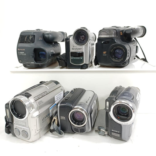 Used Junk Video Camera Lot 6 Units Sony Victor JVC Sharp Fuji for Parts or Repair Not Tested Vintage Camcorder Collection Photography Decor