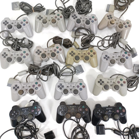 Used 14pc Lot Official Sony PlayStation 2 Controllers DualShock 2 Slate Grey & Black PS2 Genuine Wired Gamepads Tested Working Bulk Set