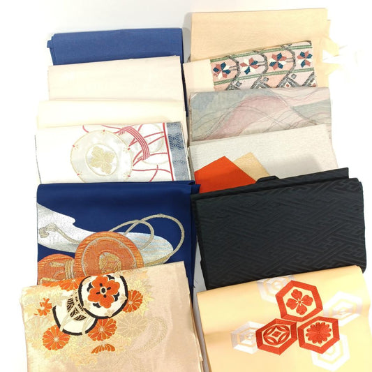 Used Lot of 12 Vintage Japanese Nagoya Obi Belts and Tsukuri-Obi Set High Quality Silk Gold Silver Thread for Kimono Decor Upcycling
