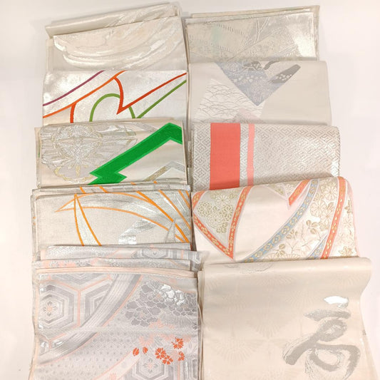 Used Japanese Fukuro Obi Bulk Lot of 10 Vintage Silk Kimono Belts Silver Gin-ji Brocade for Luxury Interior Decor Table Runner Craft Supply