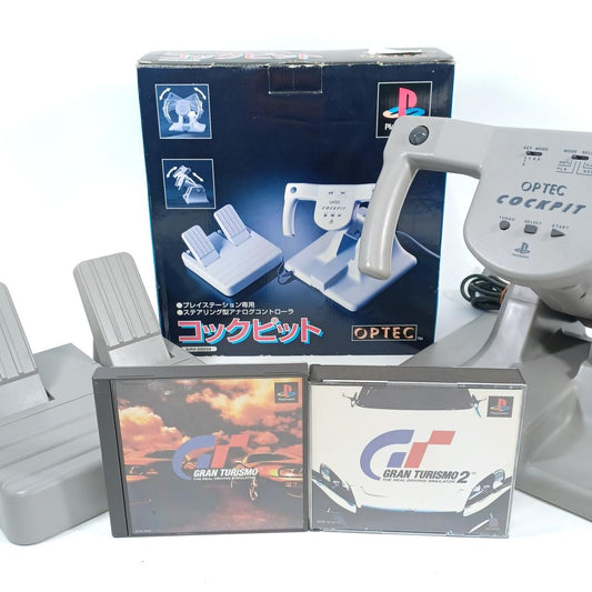 Used Optec Cockpit Controller SLPH-00024 Sony PlayStation PS1 Steering Wheel Pedal Set with Gran Turismo 1 & 2 Games CIB Japan Import
