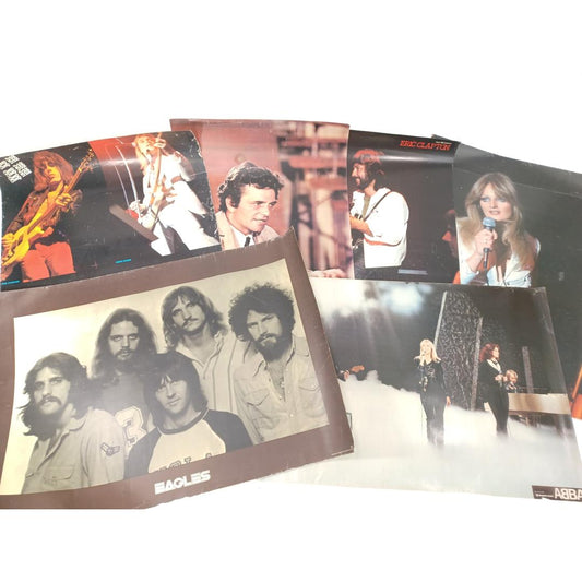 Used Vintage 1970s-1980s Rock Pop Music Posters Set 6pc Eagles ABBA Cheap Trick Eric Clapton Peter Falk Rare Retro Wall Art Music Decor