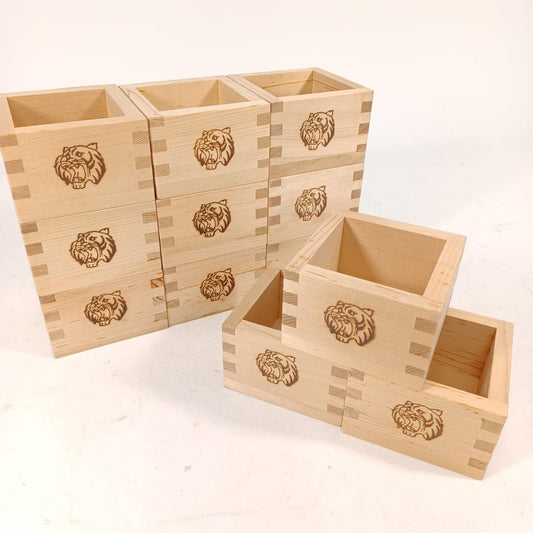 Used Set of 12 Japanese Masu Wooden Sake Cups Hinoki Style Square Boxes with Tiger Zodiac Stamp for New Year Celebration and Home Decor