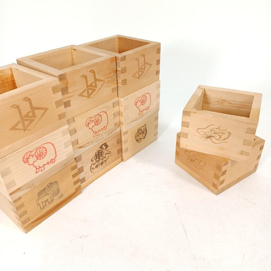 Used Japanese Masu Sake Cup Set of 11 Wooden Hinoki Cypress Boxes with Zodiac Animal Stamps for Celebration Okabe Construction Handmade Art